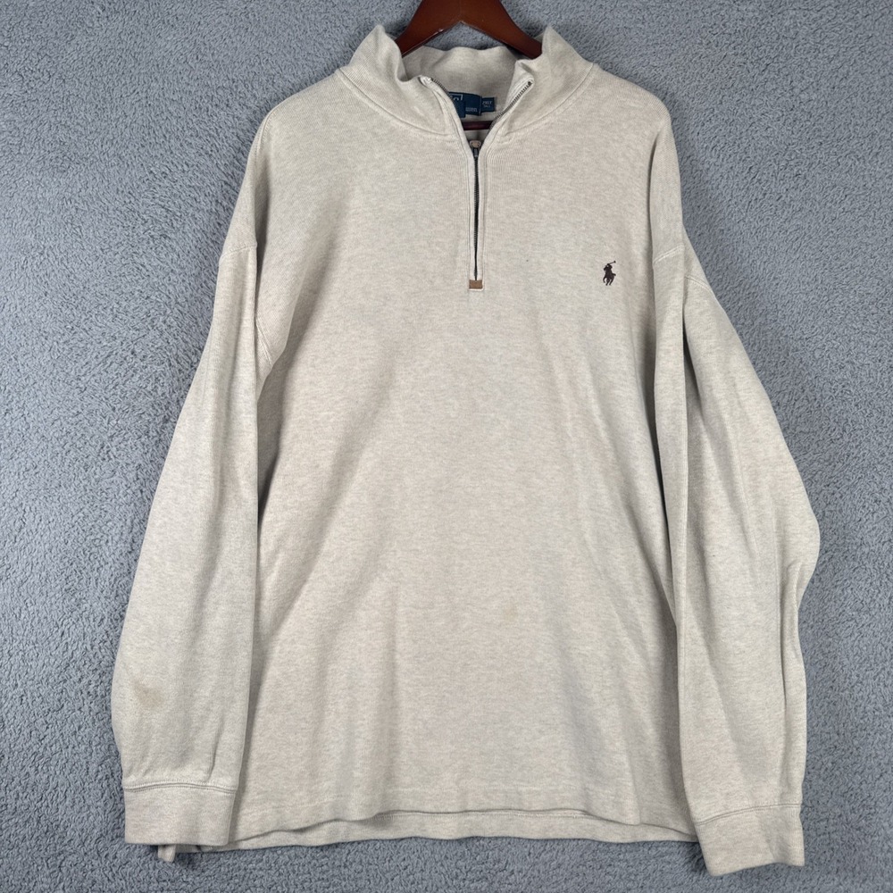 Polo Ralph Lauren Sweater Mens 2XLT Ivory 1/4 Zip Mock Neck Pullover Pony Logo